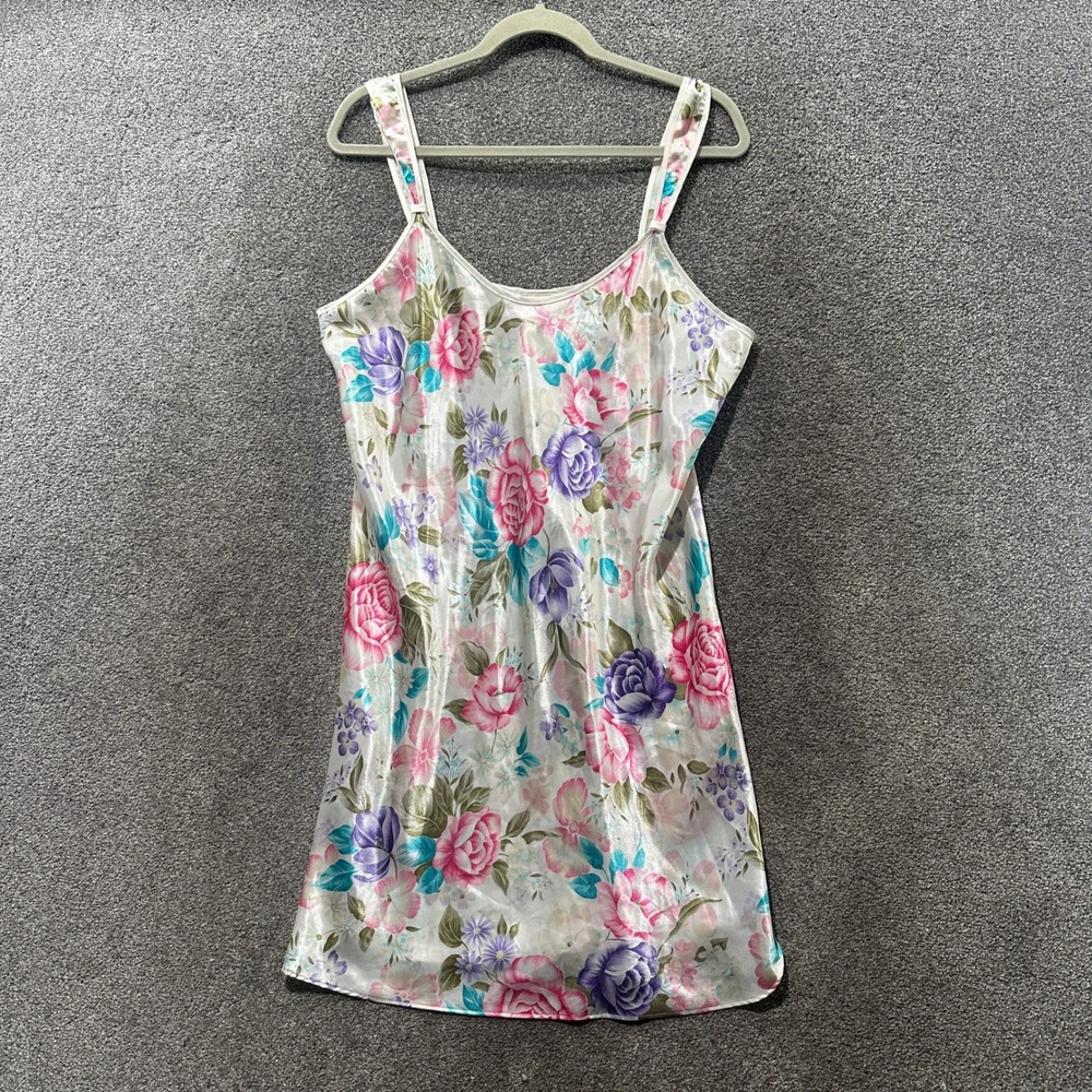 Adonna Vintage 90s Floral Satin Slip Nightgown Chemise Large Coquette Cottage